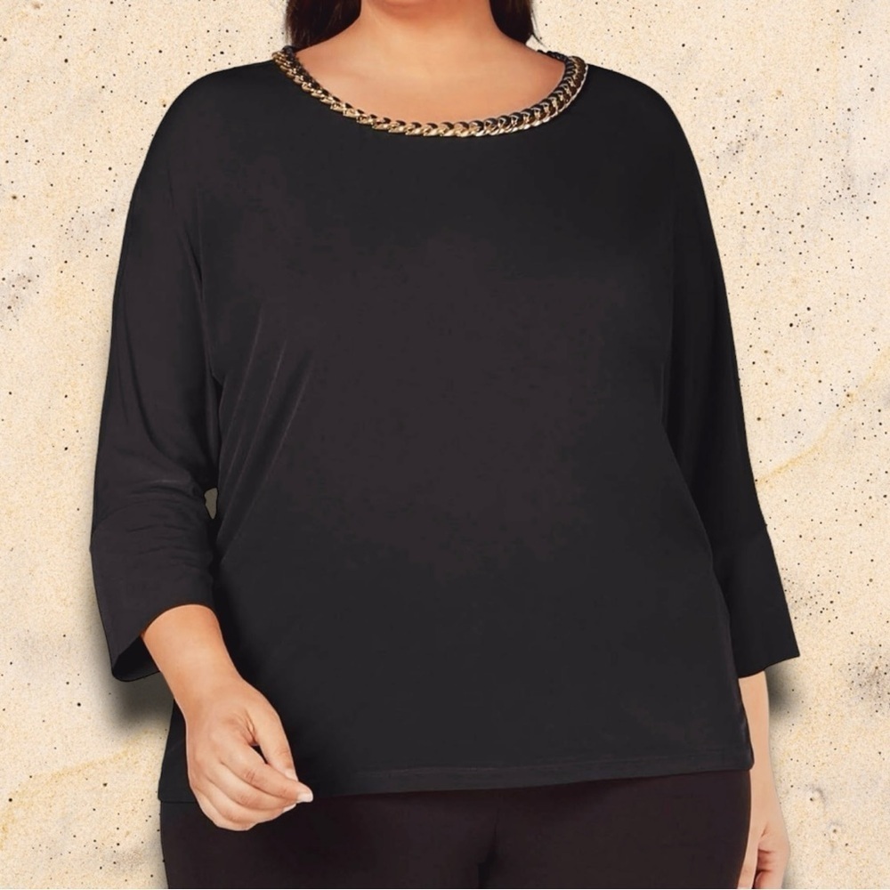 Calvin Klein Women’s Plus Size Black Dolman Sleeve Blouse With Gold Chain Neck
